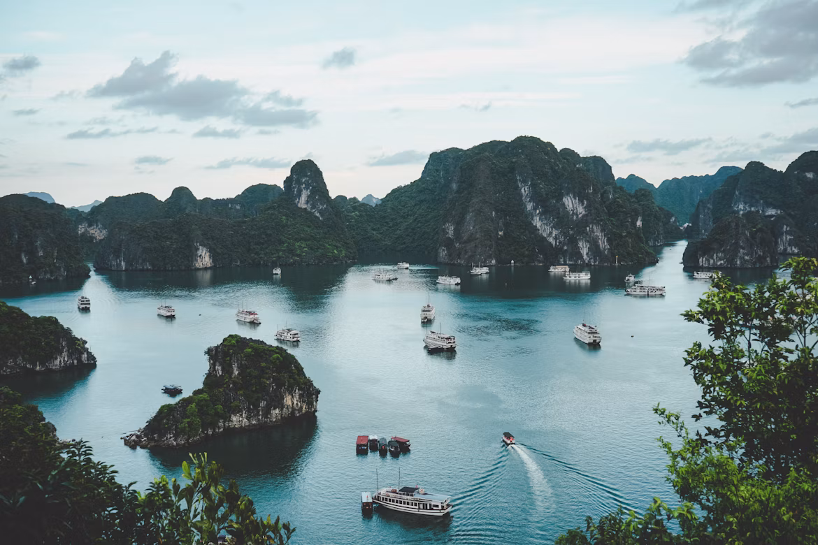 Limestone karsts rising from the water in Halong Bay, Vietnam